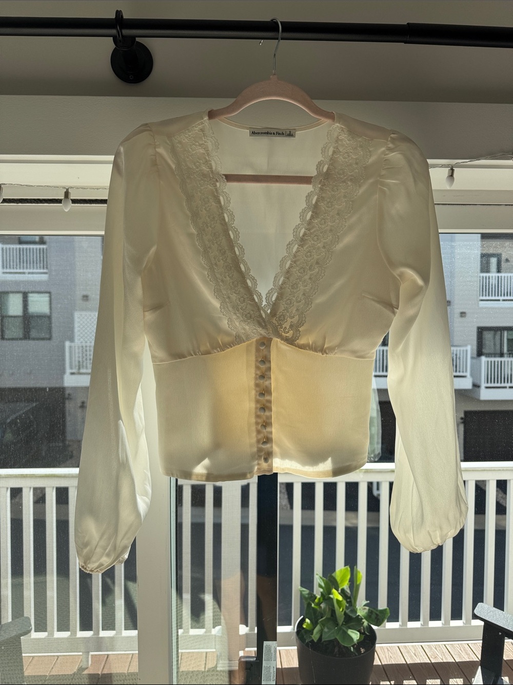 Abercrombie & Fitch Cream Lace-Trim Satin Corset Blouse